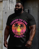 Big Men's Hawaiian Fashion SUNSETs Coconut Trees Printed Casual Short Sleeve T-shirt Shorts Set